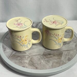 Vintage Floral Ceramic Mugs w Attached Coaster Bases Set of 2 Yellow Stoneware